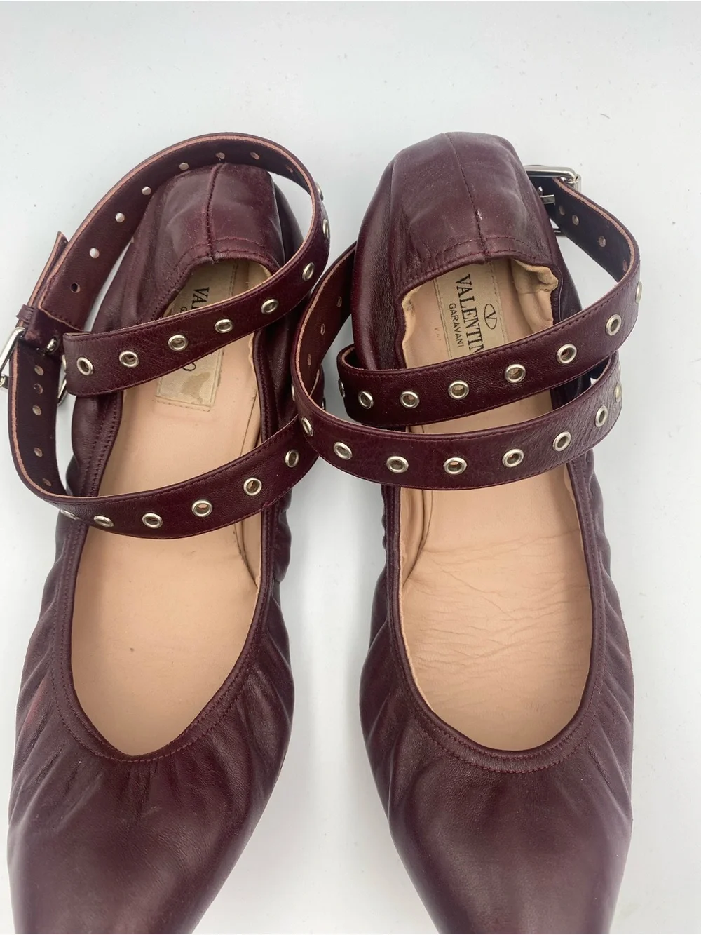 Valentino Pointed Leather Flats with Studded Double Straps - Brown